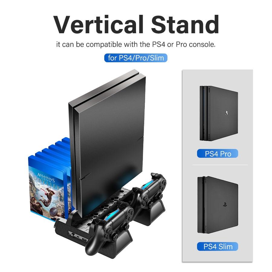 PS4 Vertical Cooling Stand with Dual Controller Station and Game Storage, designed for efficient cooling and organization.